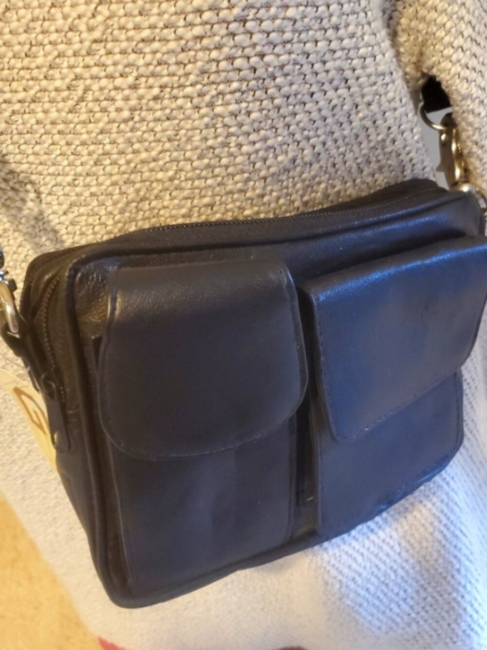 Black NWT Cross Body Genuine Leather Bag 22-in Strap 2 front, 1 back pocket